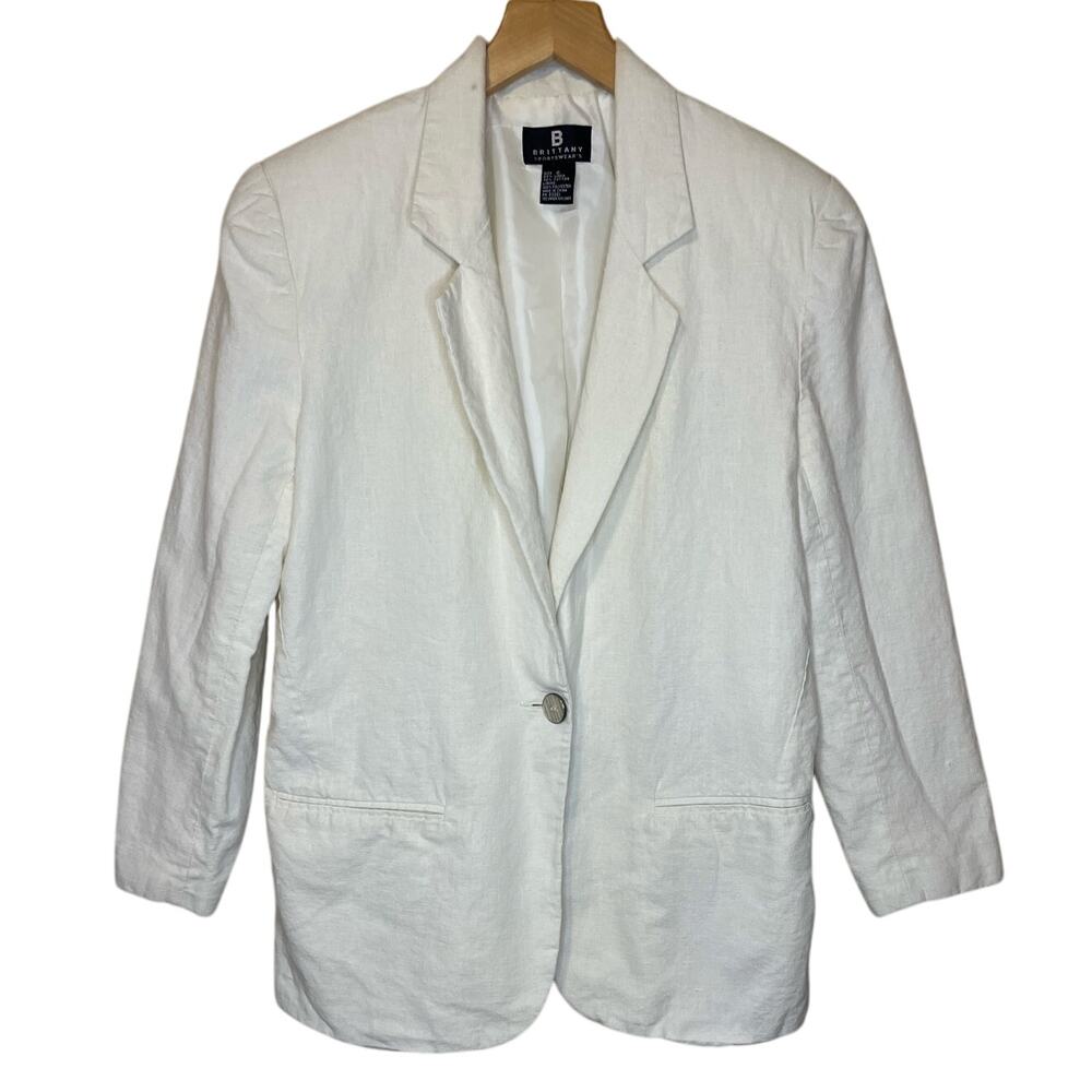 Brittany Sportswear Classic Linen Cotton Blended Cream One Button Blazer Size 6